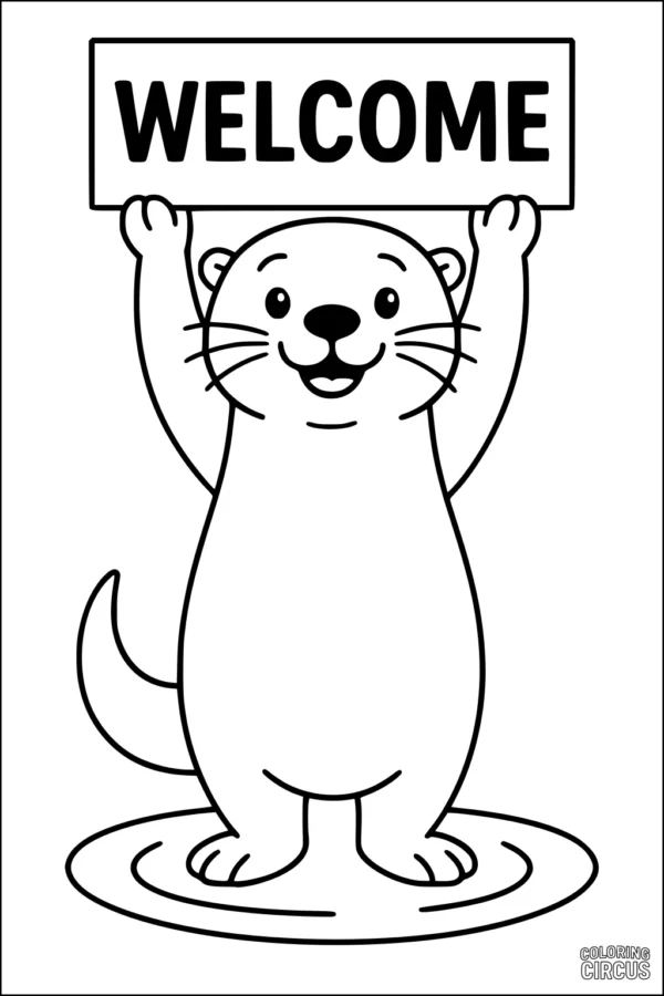 Coloring page of a cute otter standing in water holding a welcome sign