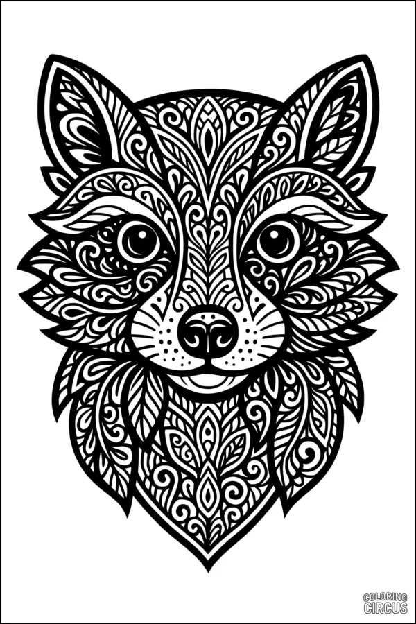 Coloring page featuring an intricate raccoon face with detailed patterns and swirling designs