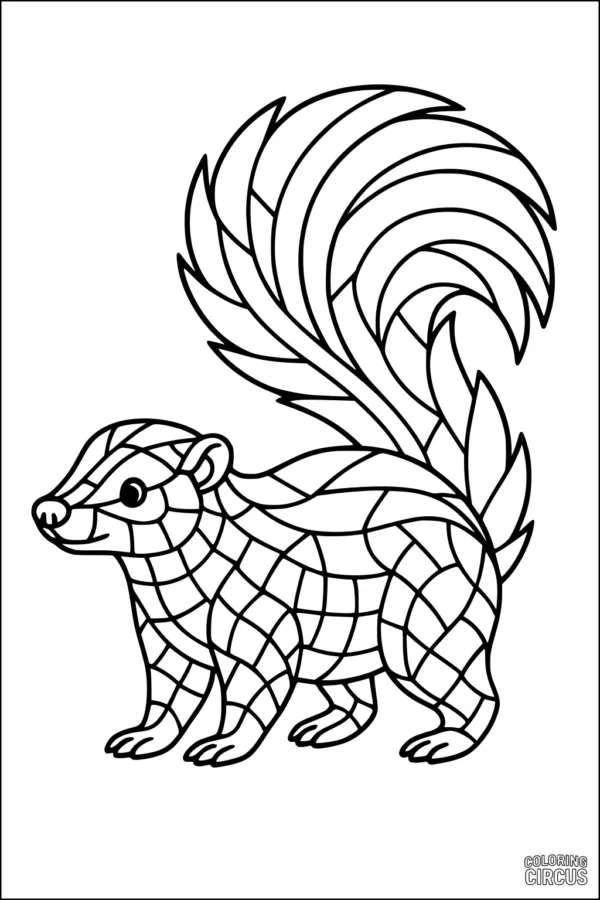 Coloring page featuring a stylized skunk with swirling mosaic patterns