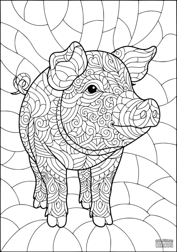 Coloring page of a patterned pig with intricate swirling designs and a playful background
