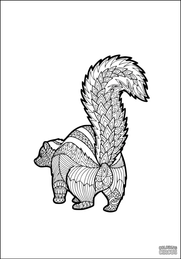 Coloring page featuring a skunk with intricate decorative patterns and a large fluffy tail