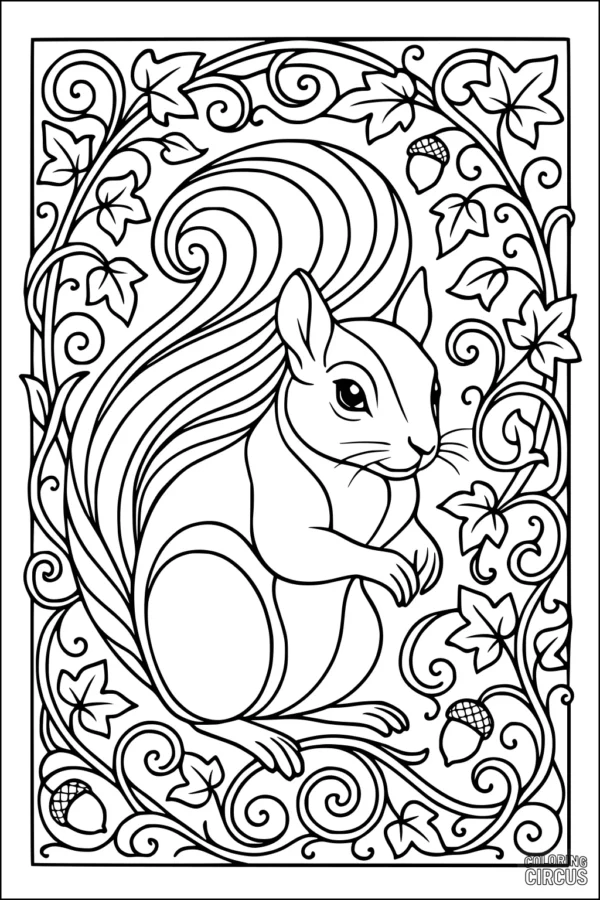 Coloring page featuring a detailed squirrel surrounded by swirling vines, leaves, and acorns