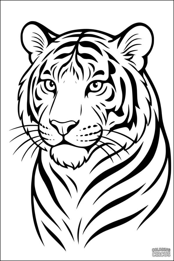 Coloring page showing a detailed tiger head with bold stripes and attentive expression