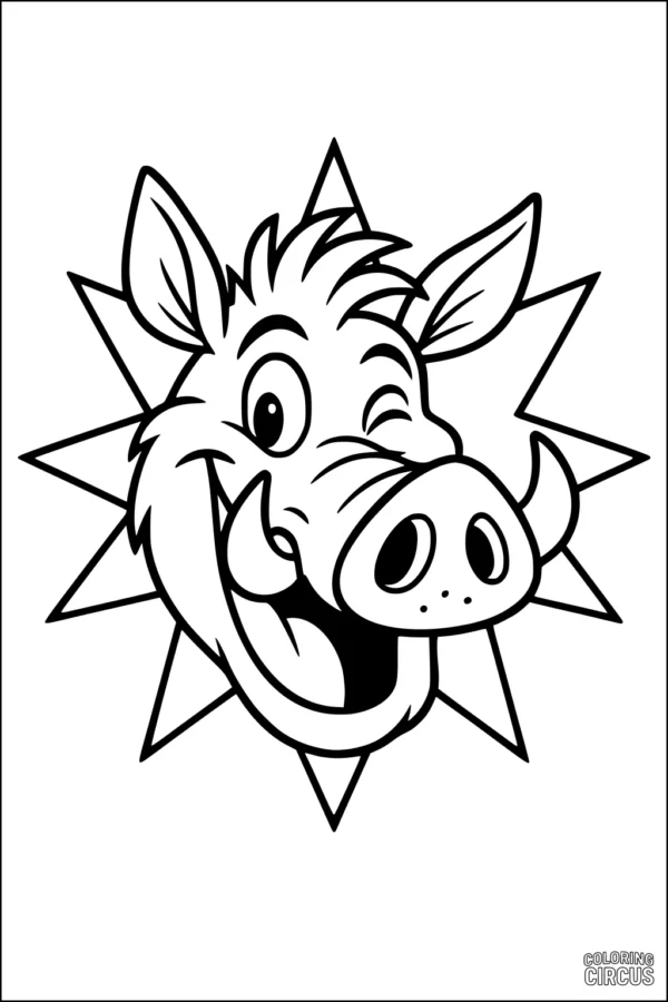 Coloring page featuring a cartoon warthog with big tusks, winking, and surrounded by a playful sunburst shape.