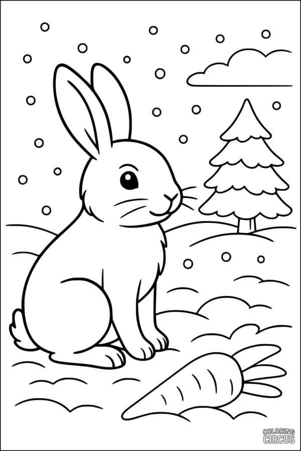 Coloring page of a rabbit sitting in snow with a carrot and a pine tree in the background
