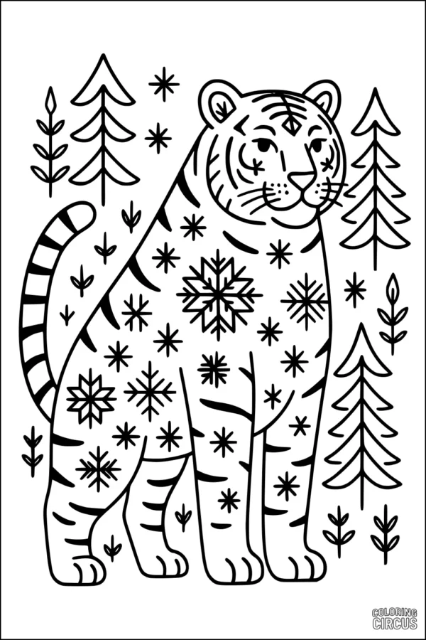 Coloring page of a whimsical tiger with snowflakes on its body, surrounded by pine trees in winter forest