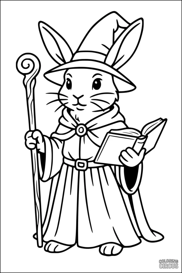 Coloring page of a cartoon wizard rabbit wearing a hat and holding a staff and book