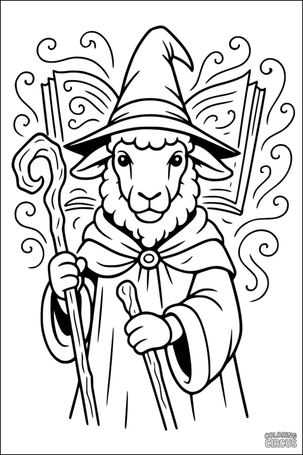Coloring page featuring a wizard sheep with staff, hat, cloak, and magic book