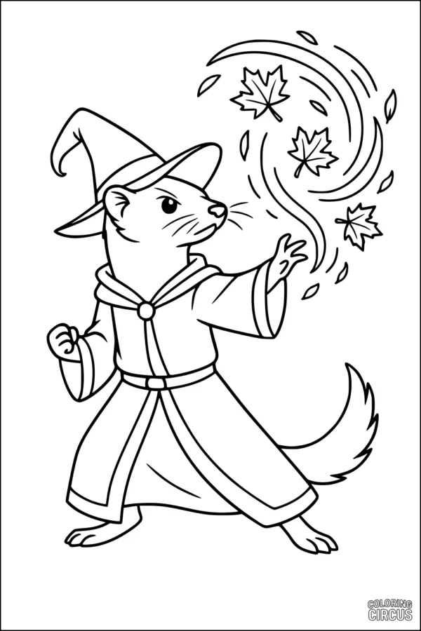 Coloring page showing a wizard weasel in a robe and hat, swirling leaves with magic in the air