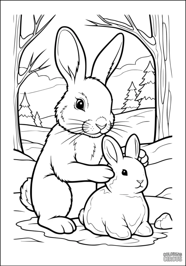 Coloring page showing two rabbits cuddling in a snowy forest with trees and hills in the background