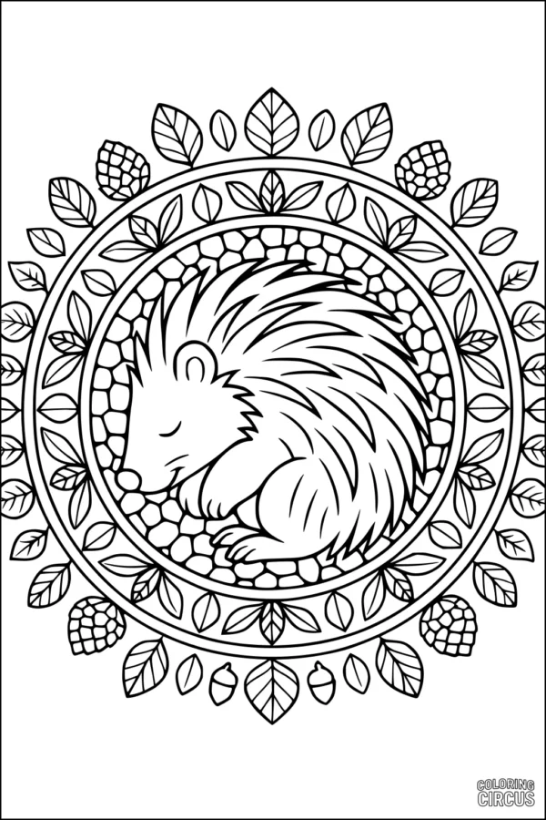 Coloring page featuring a curled porcupine surrounded by a circular woodland mandala of leaves, stones, and pinecones