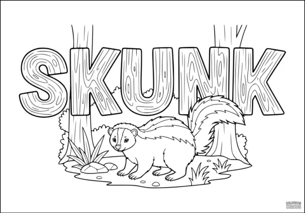 Coloring page skunk cartoon with forest background and large skunk letters