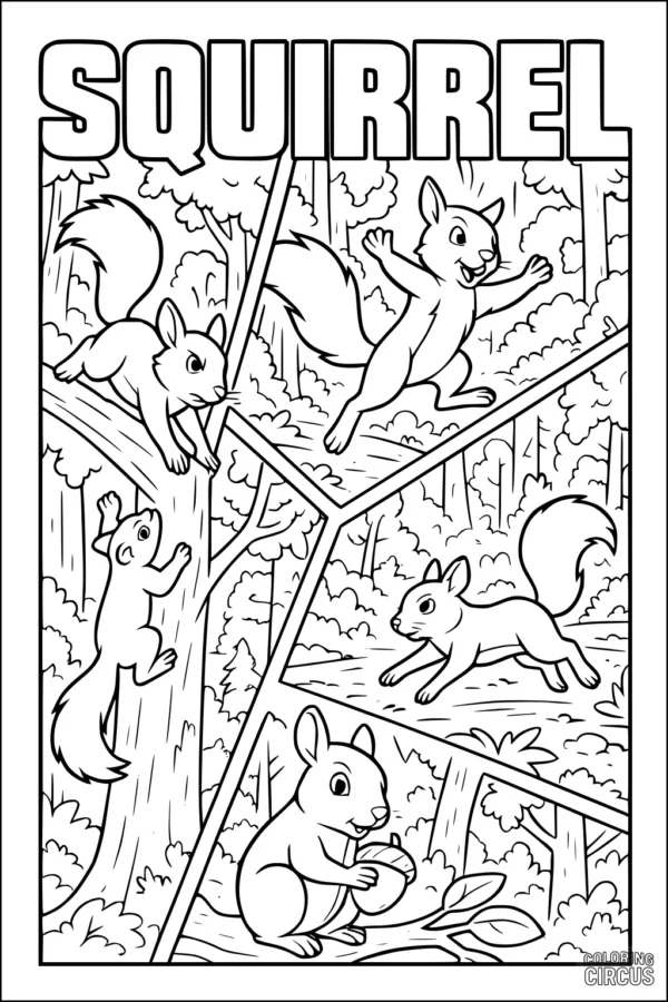 Coloring page with four cartoon squirrels playing in a forest featuring trees, leaves, and acorns
