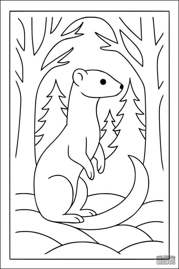 Coloring page featuring a cute weasel standing upright in a snowy forest with trees