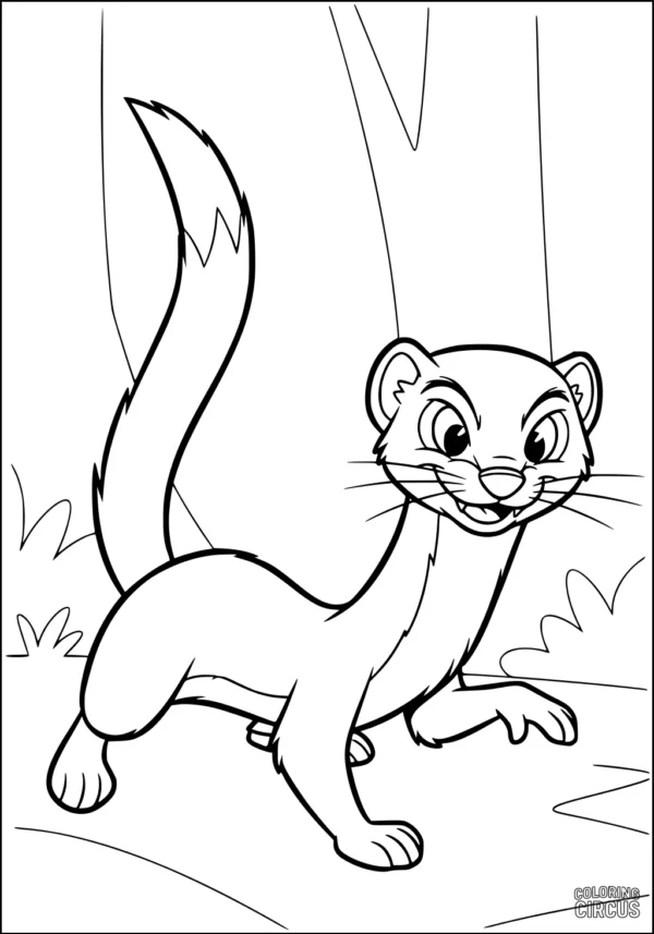 Coloring page of a cartoon weasel smiling in a forest scene, suitable for children