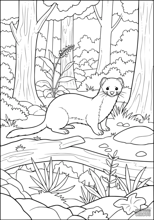 Coloring page woodland weasel by a forest stream with trees, rocks, and plants