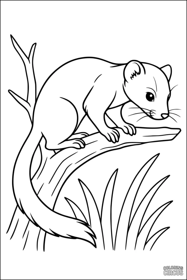 Coloring page features a cartoon weasel sitting on a tree branch with grass below