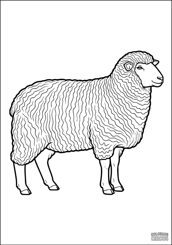 Coloring page of a standing sheep with detailed wool for children