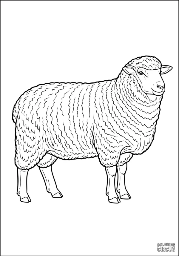 Coloring page featuring a realistic, woolly sheep standing in profile, ideal for children and parents.