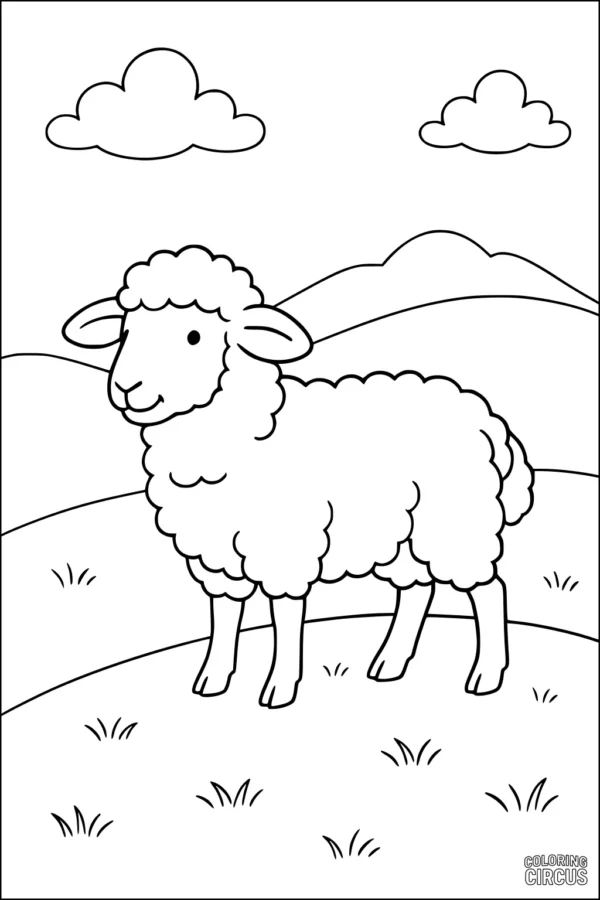 Coloring page showing a cartoon sheep standing in a grassy field with hills and clouds in the background.