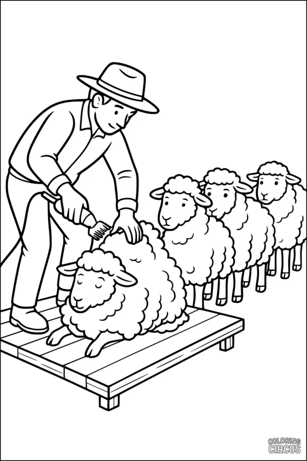 Coloring page showing a farmer shearing wool from four sheep waiting in a line on a wooden platform
