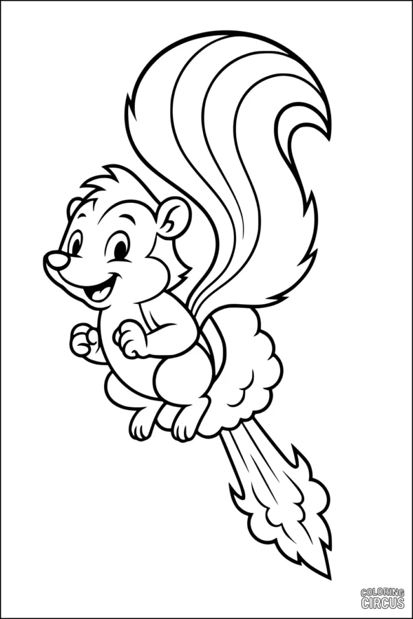 Coloring page of a happy cartoon skunk flying upward with a fluffy tail and energetic motion lines